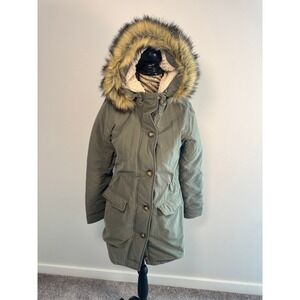 Abercrombie Fitch Olive Green Fur Hood Parka Winter Jacket Women Size Small